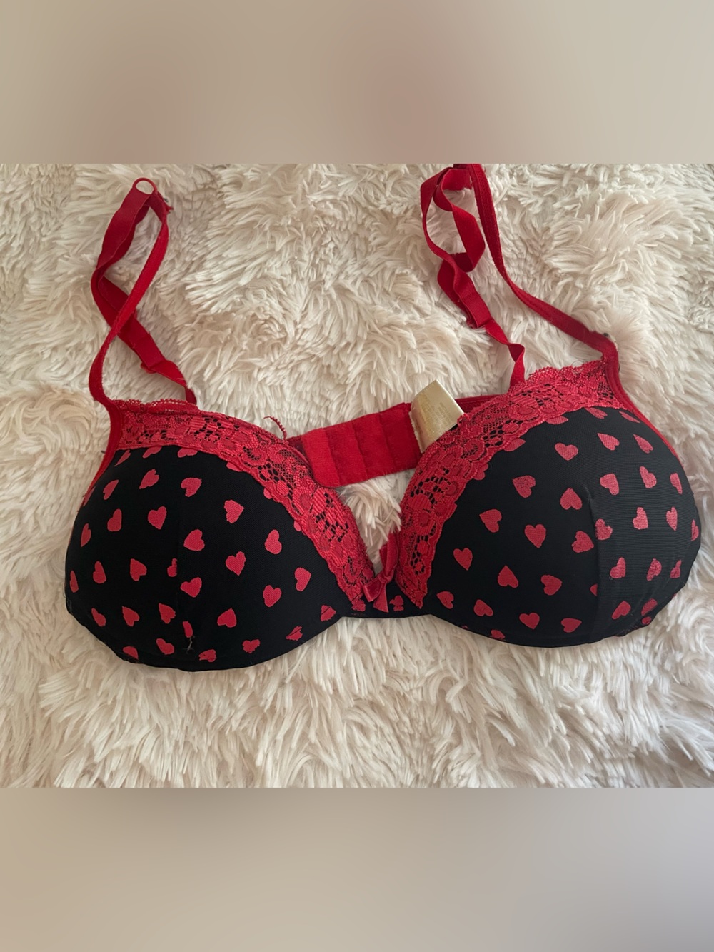 Y2k Black Bra with Red Heart Print and Red Lace Accents